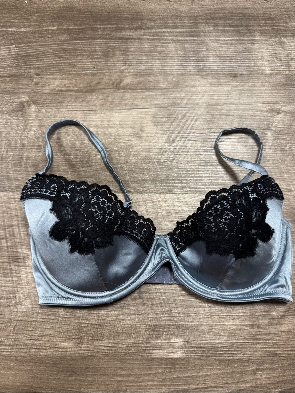 Fleur Du Mal Blue Satin Bra with Black Lace Size D34